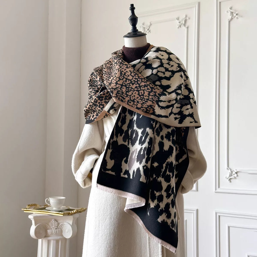 Leopard Print Winter Scarf Black / One Size Apparel and Accessories