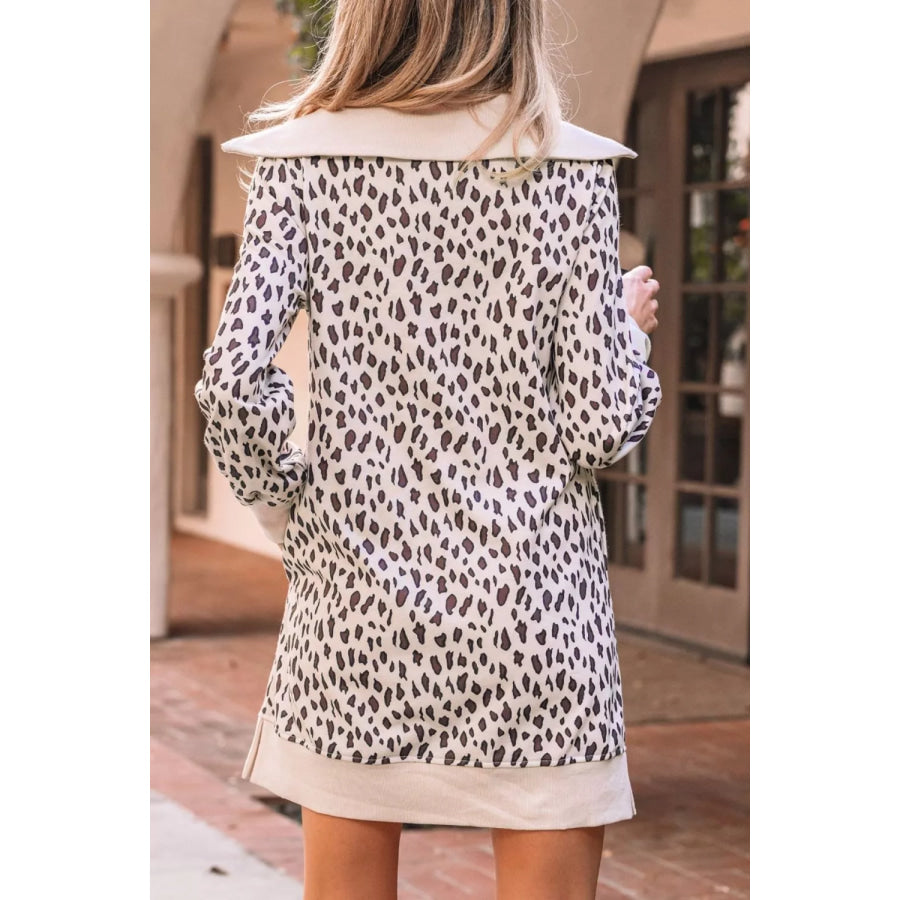 Leopard Print Zip up Collar Patchwork Shift Mini Dress Apparel and Accessories