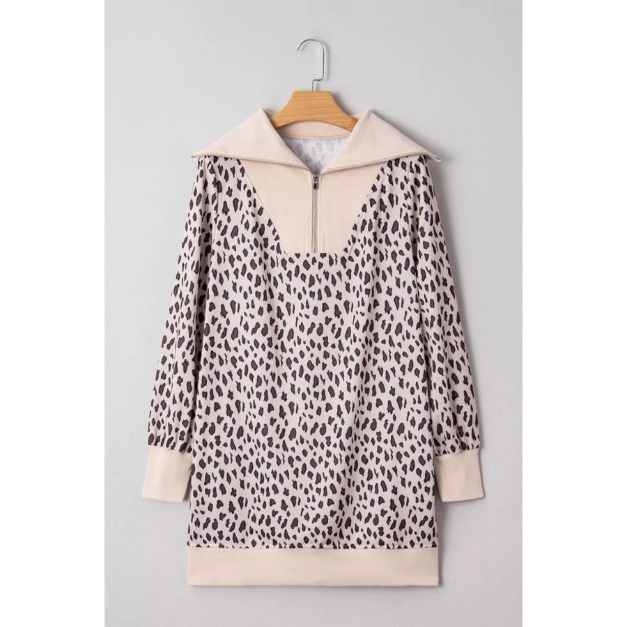 Leopard Print Zip up Collar Patchwork Shift Mini Dress Apparel and Accessories
