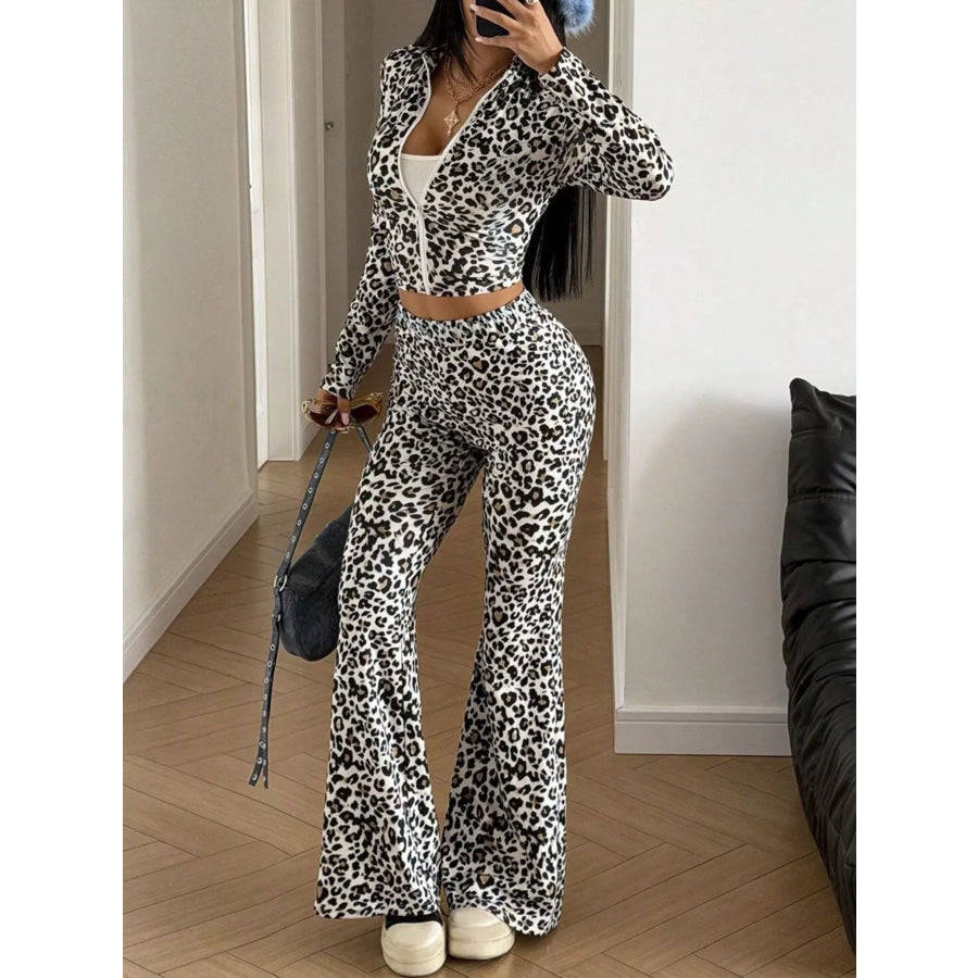 Leopard Print Zip-Up Crop Top and Flared Pants Two-Piece Set Apparel and Accessories