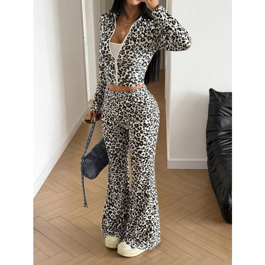 Leopard Print Zip-Up Crop Top and Flared Pants Two-Piece Set Gray / S Apparel and Accessories