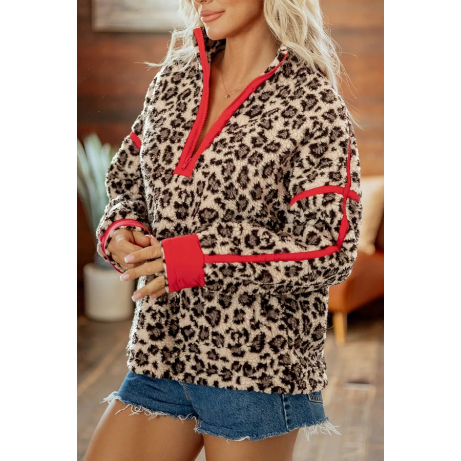 Leopard Print Zip-Up Red Accents Pockets Sweatshirt Apparel and Accessories