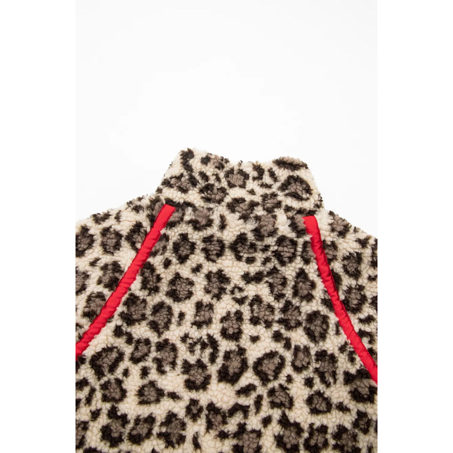 Leopard Print Zip-Up Red Accents Pockets Sweatshirt Apparel and Accessories