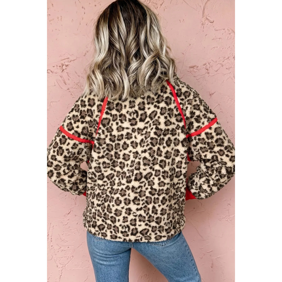 Leopard Print Zip-Up Red Accents Pockets Sweatshirt Apparel and Accessories