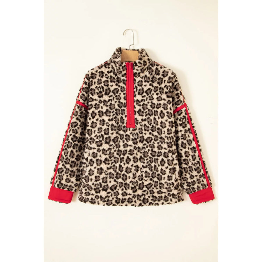 Leopard Print Zip-Up Red Accents Pockets Sweatshirt Apparel and Accessories