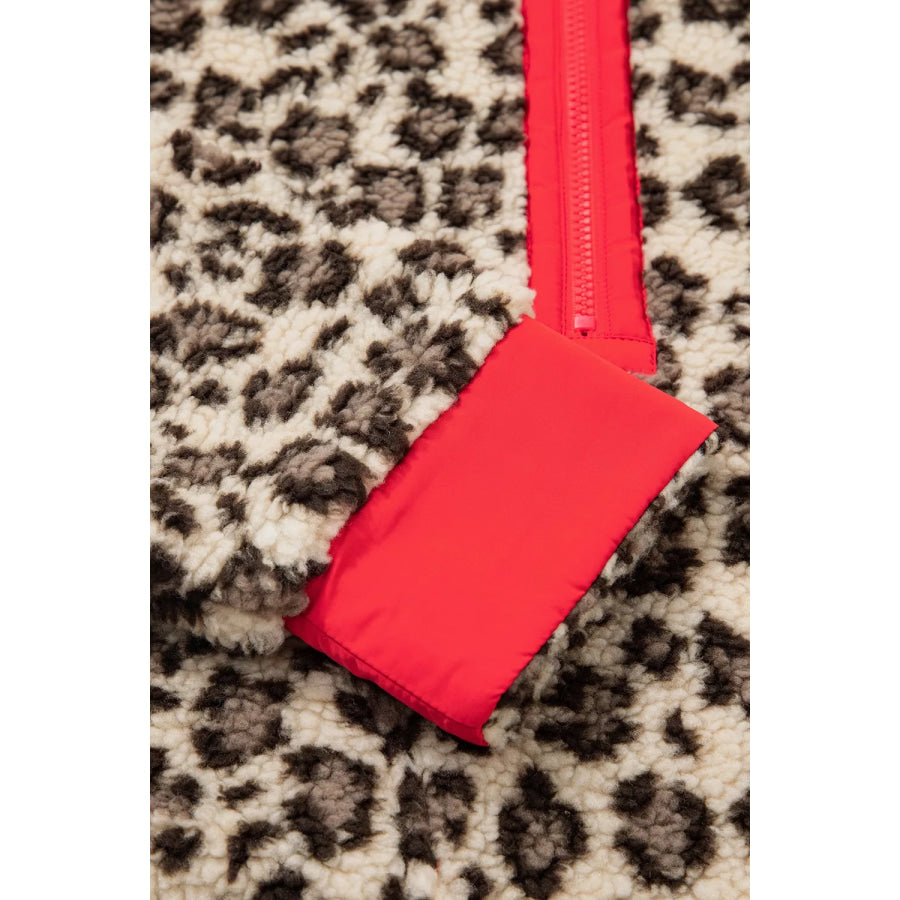 Leopard Print Zip-Up Red Accents Pockets Sweatshirt Apparel and Accessories