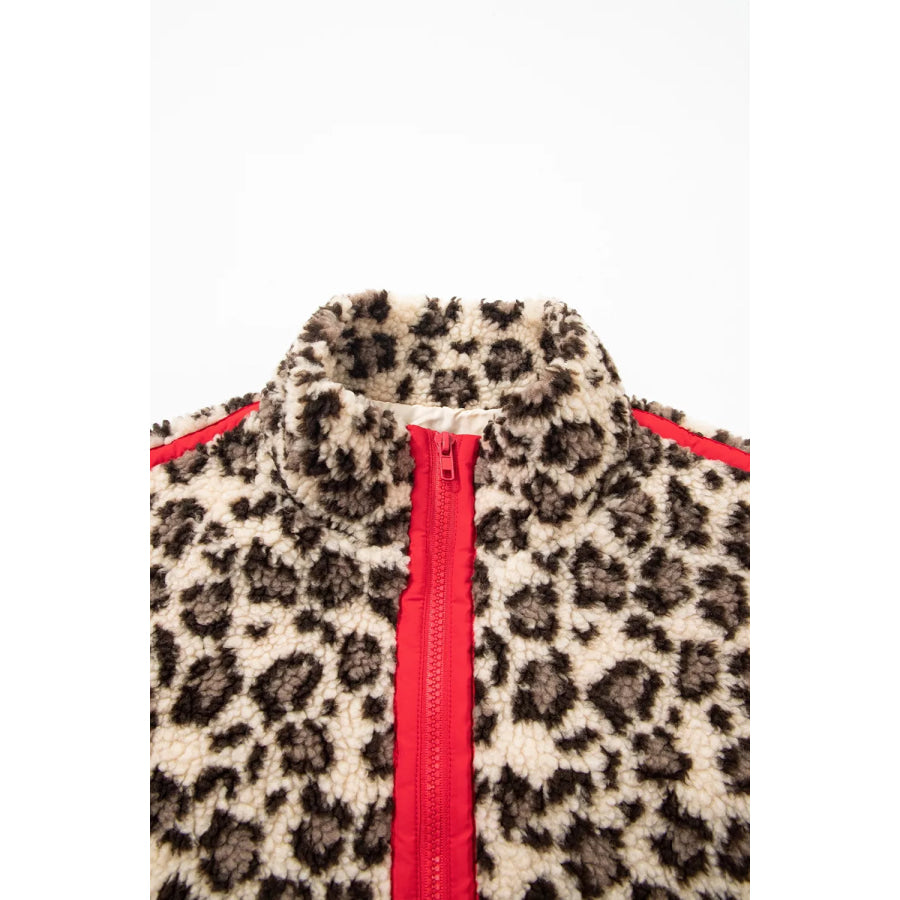 Leopard Print Zip-Up Red Accents Pockets Sweatshirt Apparel and Accessories