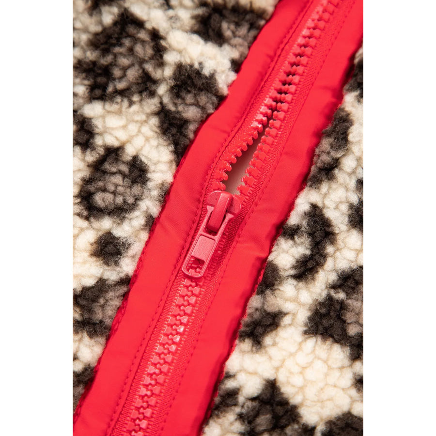 Leopard Print Zip-Up Red Accents Pockets Sweatshirt Apparel and Accessories