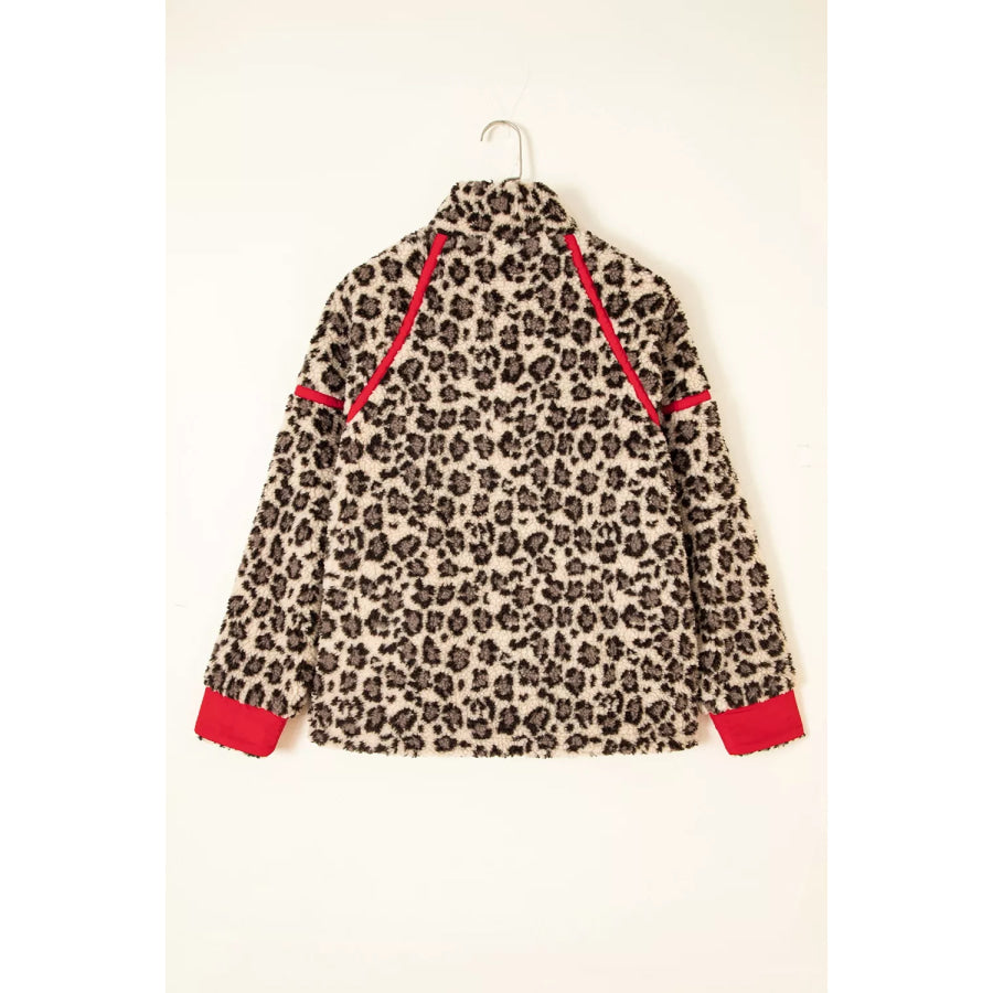 Leopard Print Zip-Up Red Accents Pockets Sweatshirt Apparel and Accessories
