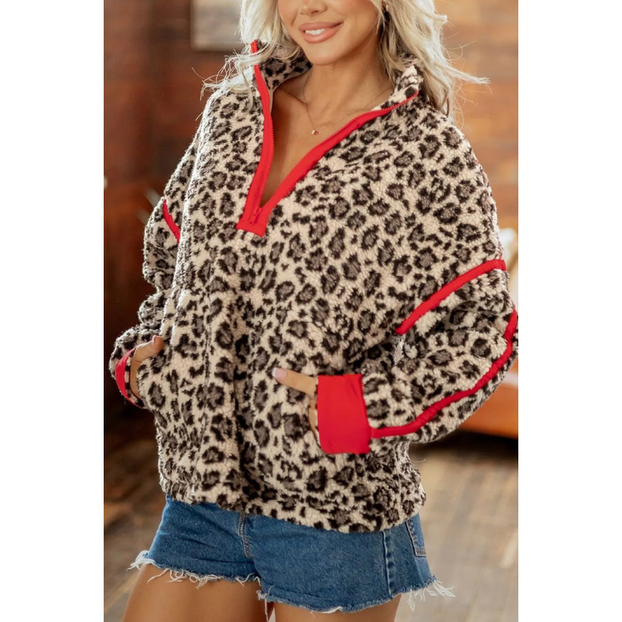 Leopard Print Zip-Up Red Accents Pockets Sweatshirt Apparel and Accessories