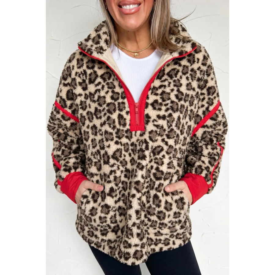 Leopard Print Zip-Up Red Accents Pockets Sweatshirt / S Apparel and Accessories
