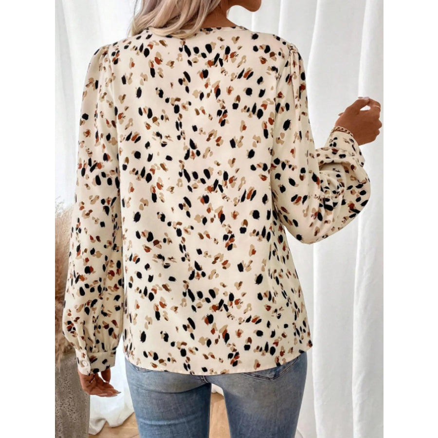 Leopard Print Zipper V-Neck Blouse Apparel and Accessories