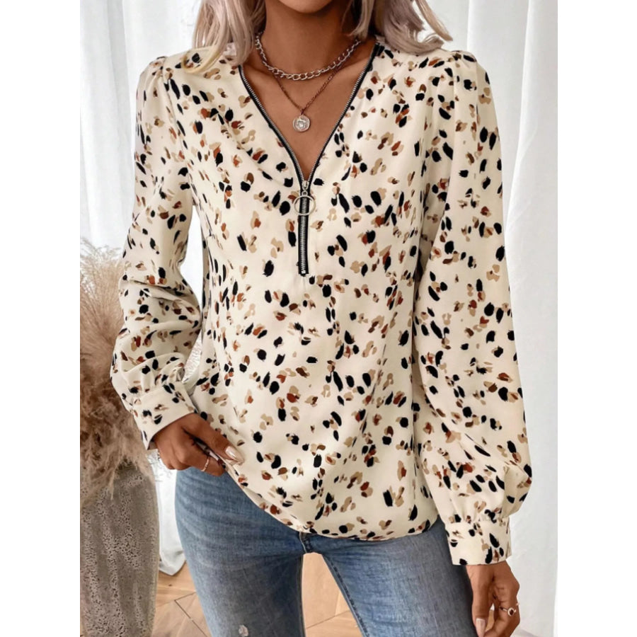 Leopard Print Zipper V-Neck Blouse Off-white / S Apparel and Accessories