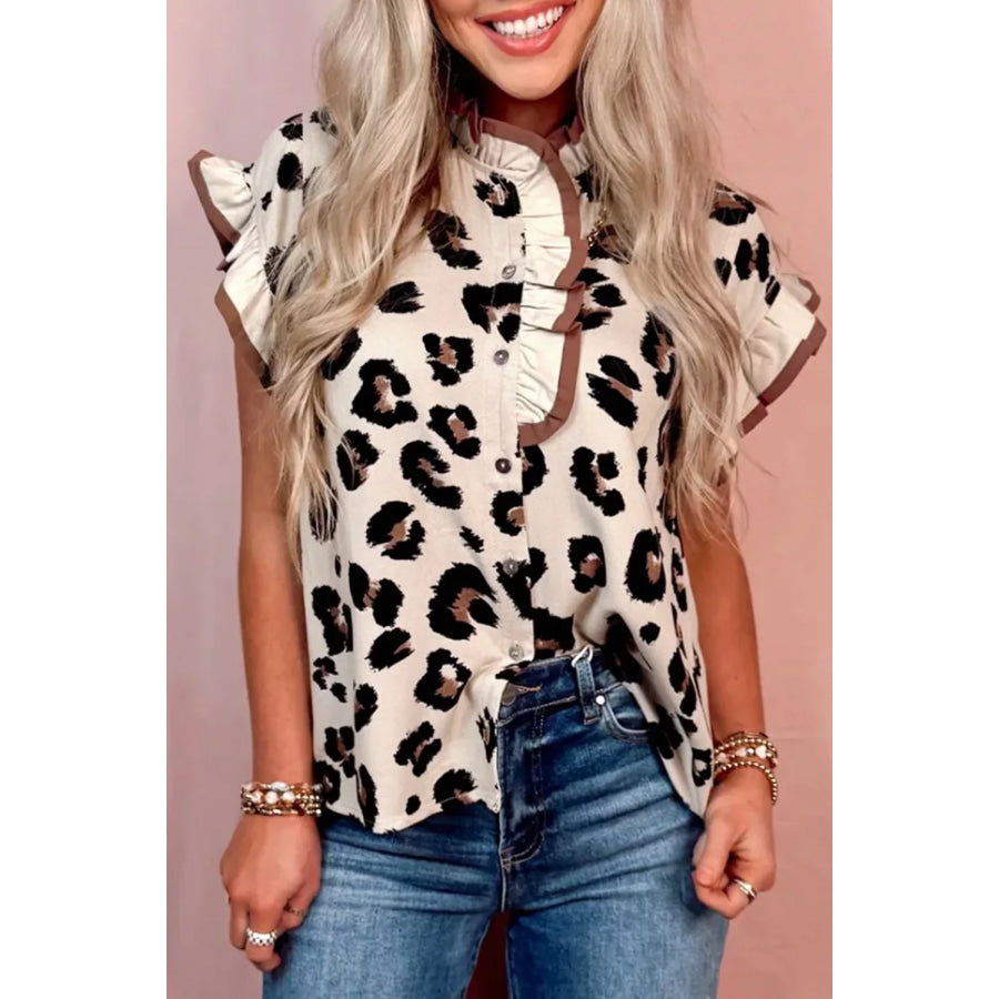 Leopard Printed Ruffle Sleeve Summer Blouse Apparel and Accessories