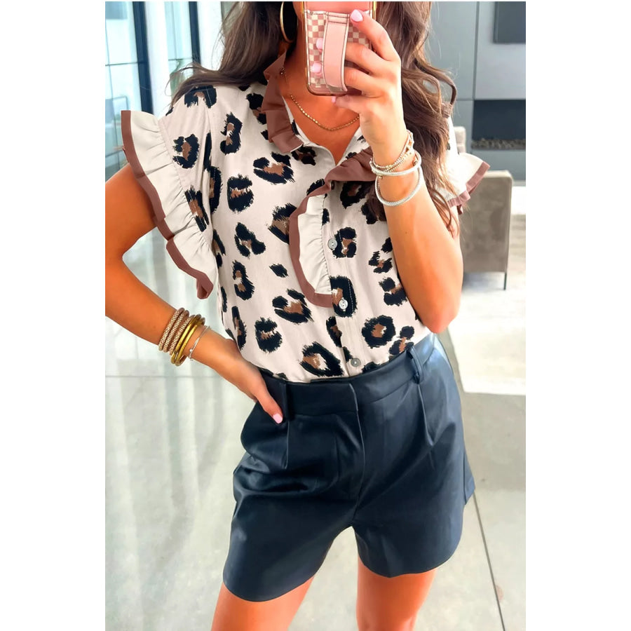 Leopard Printed Ruffle Sleeve Summer Blouse Apparel and Accessories
