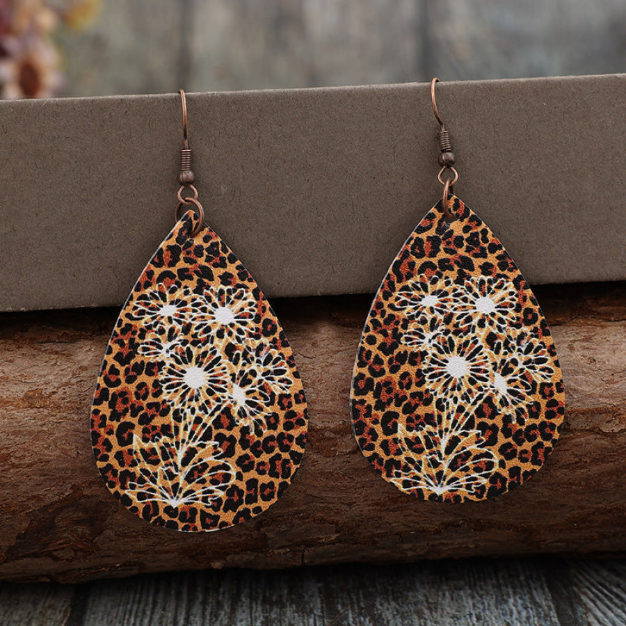 Leopard PU Leather Teardrop Shape Earrings Brown / One Size Apparel and Accessories