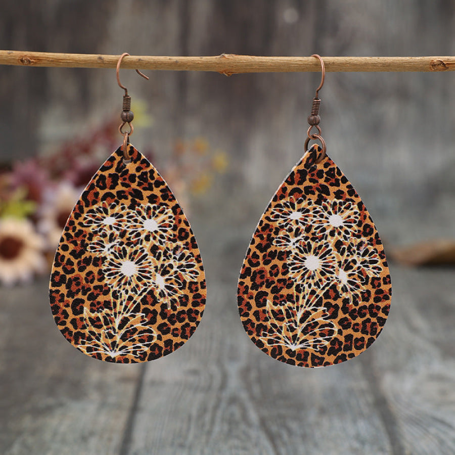 Leopard PU Leather Teardrop Shape Earrings Brown / One Size Apparel and Accessories