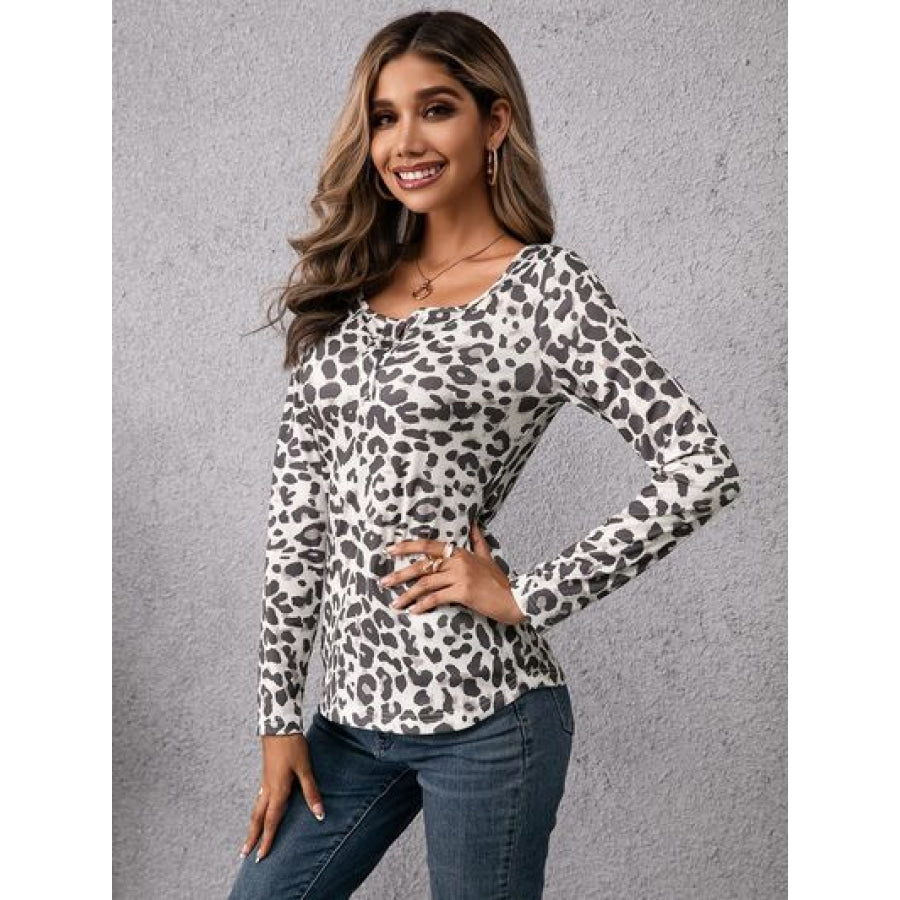 Leopard Quarter Snap Long Sleeve Blouse Apparel and Accessories