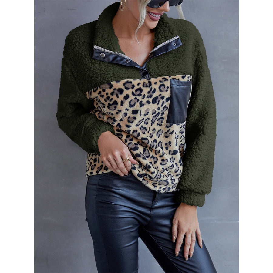 Leopard Quarter-Snap Teddy Sweatshirt Army Green / S