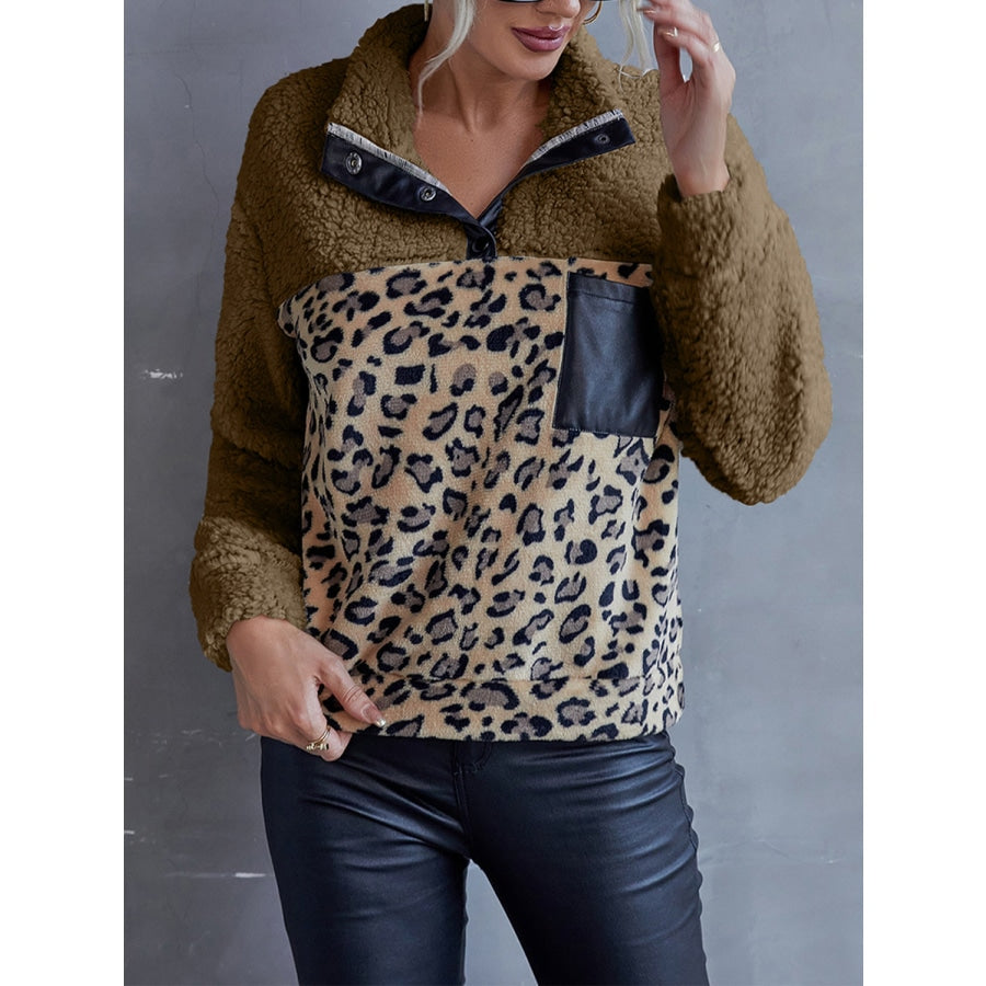 Leopard Quarter-Snap Teddy Sweatshirt Coffee Brown / S