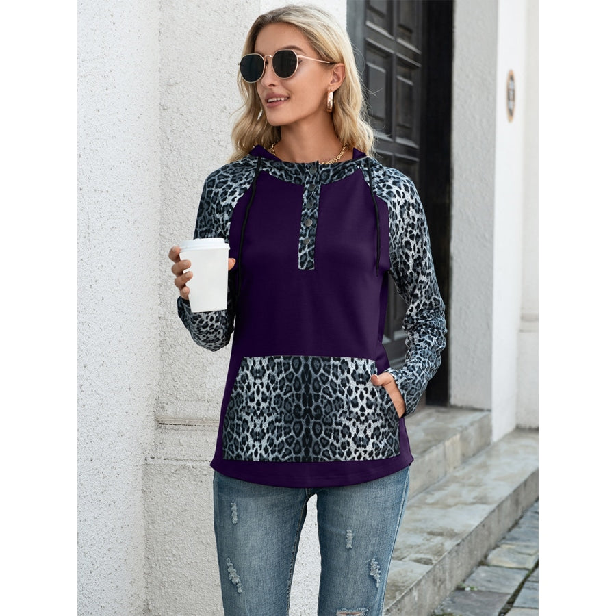 Leopard Raglan Sleeve Hoodie Violet / S