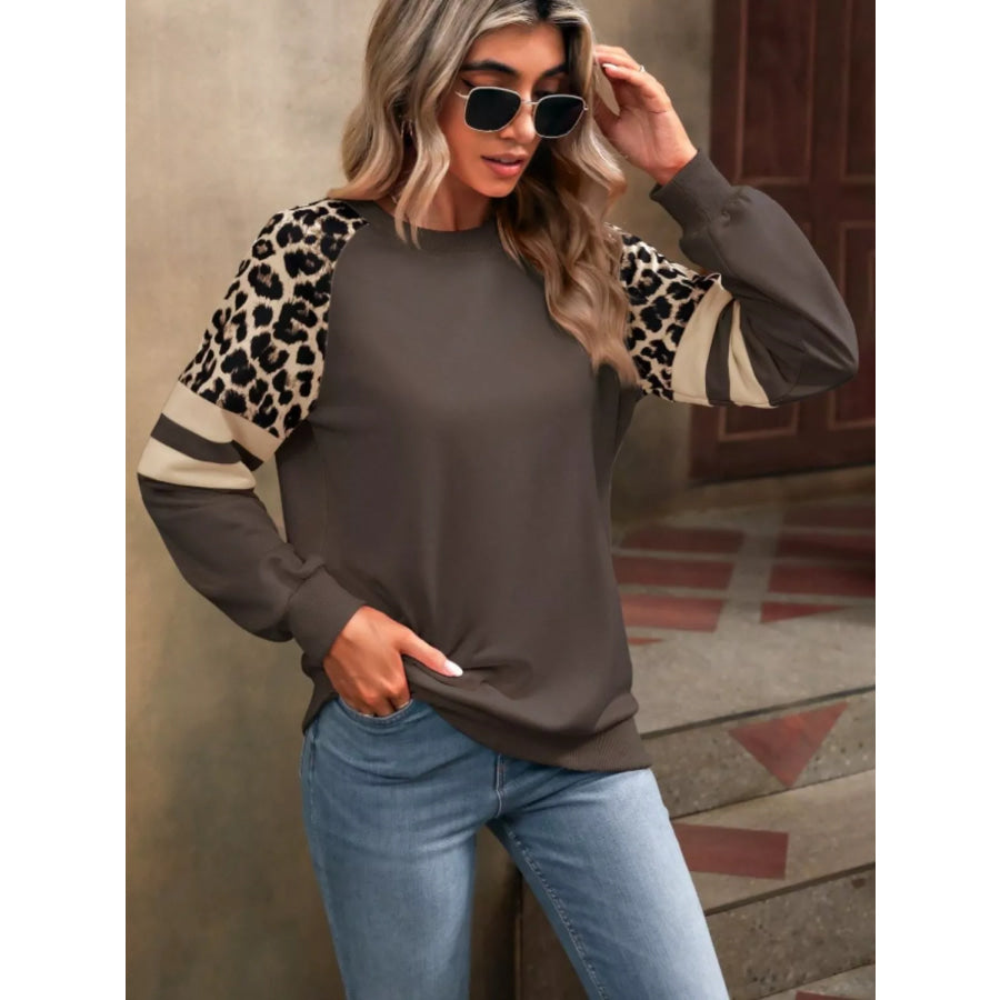 Leopard Raglan Sleeve Striped Sweatshirt Apparel and Accessories