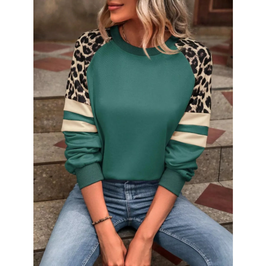 Leopard Raglan Sleeve Striped Sweatshirt Apparel and Accessories