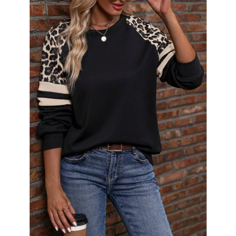 Leopard Raglan Sleeve Striped Sweatshirt Apparel and Accessories