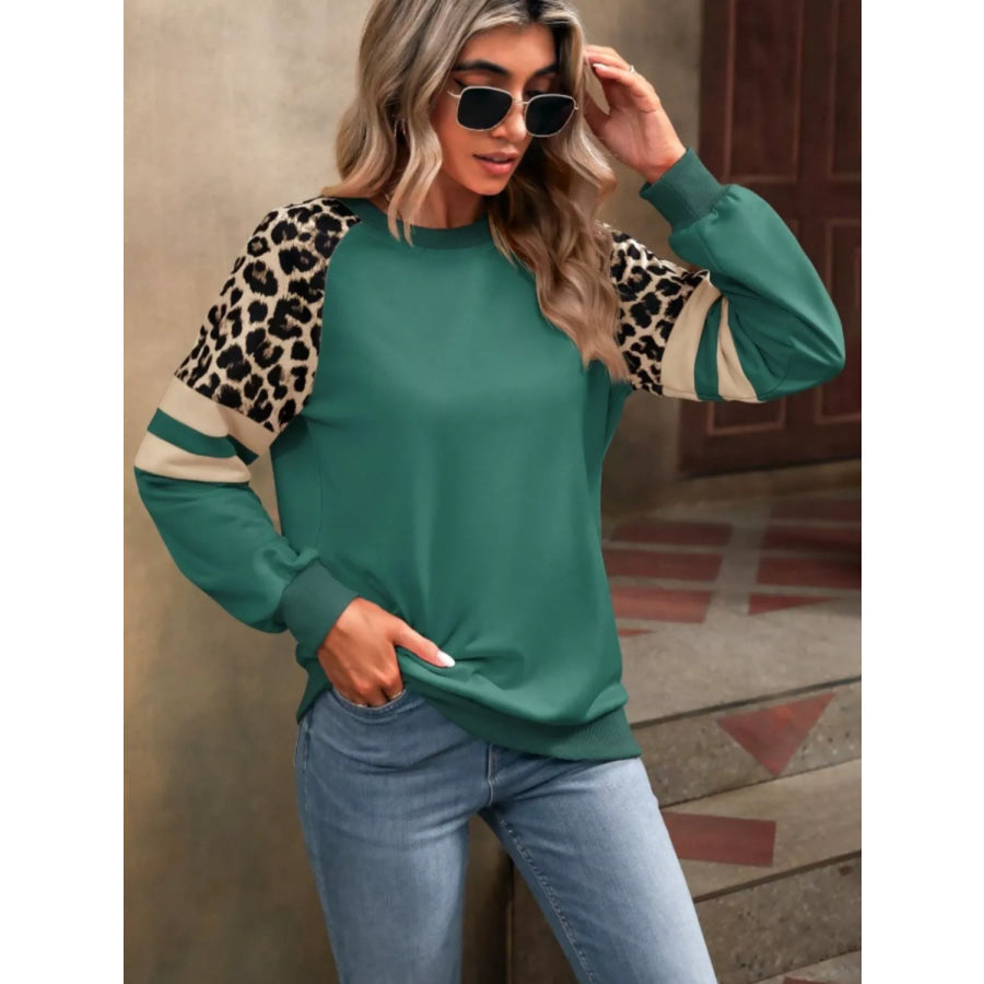 Leopard Raglan Sleeve Striped Sweatshirt Apparel and Accessories