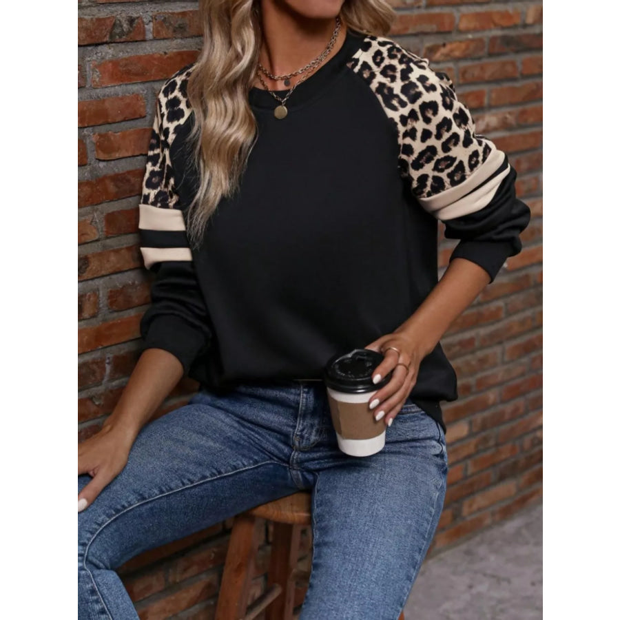 Leopard Raglan Sleeve Striped Sweatshirt Apparel and Accessories