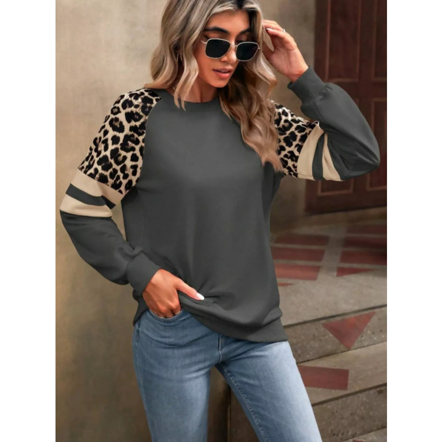 Leopard Raglan Sleeve Striped Sweatshirt Apparel and Accessories