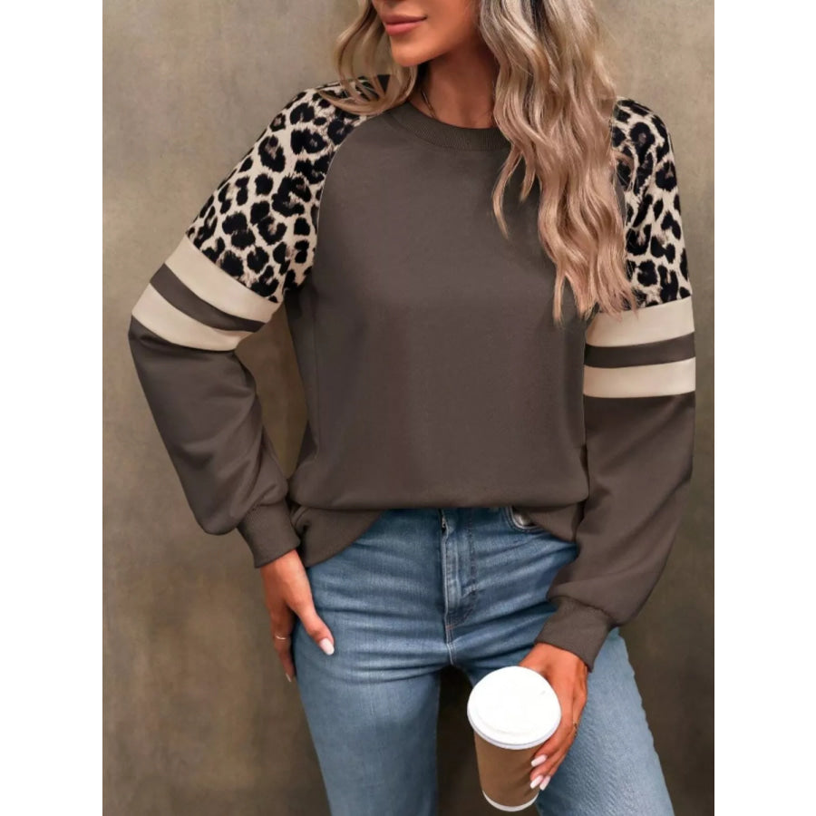 Leopard Raglan Sleeve Striped Sweatshirt Apparel and Accessories