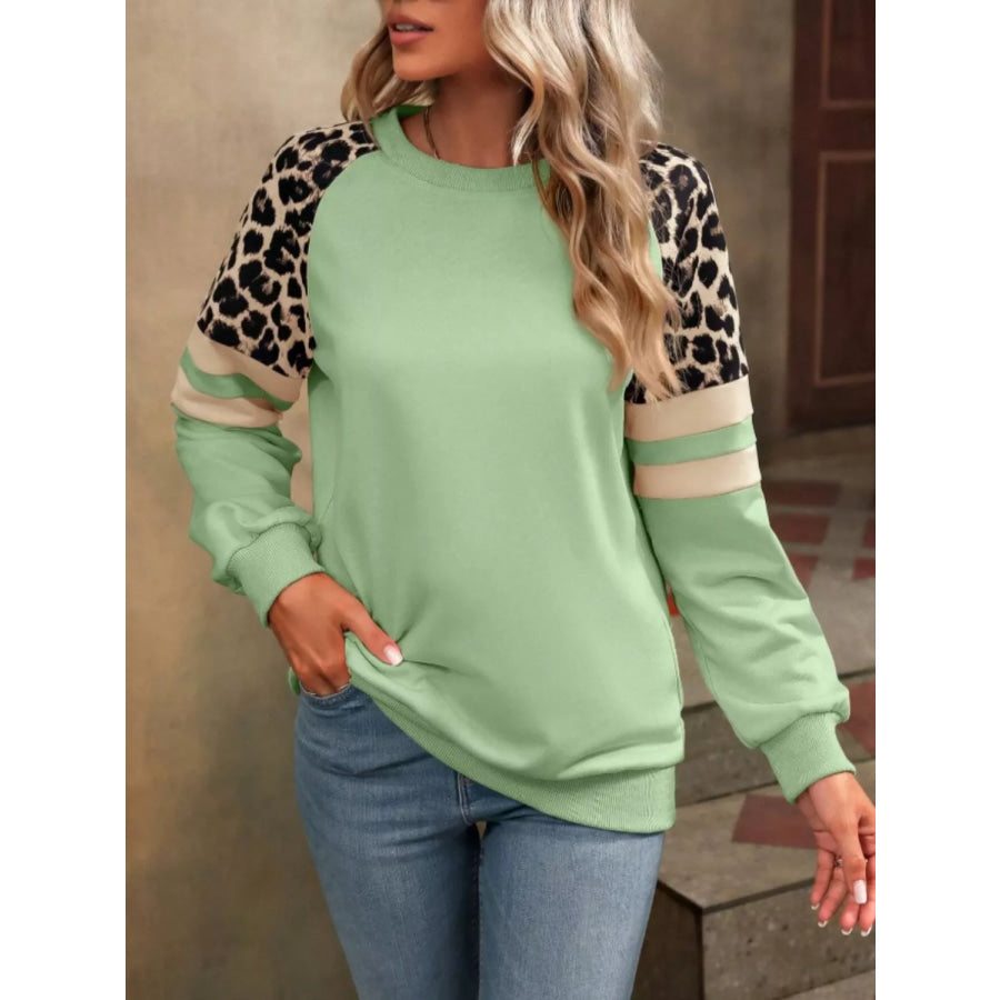 Leopard Raglan Sleeve Striped Sweatshirt Apparel and Accessories