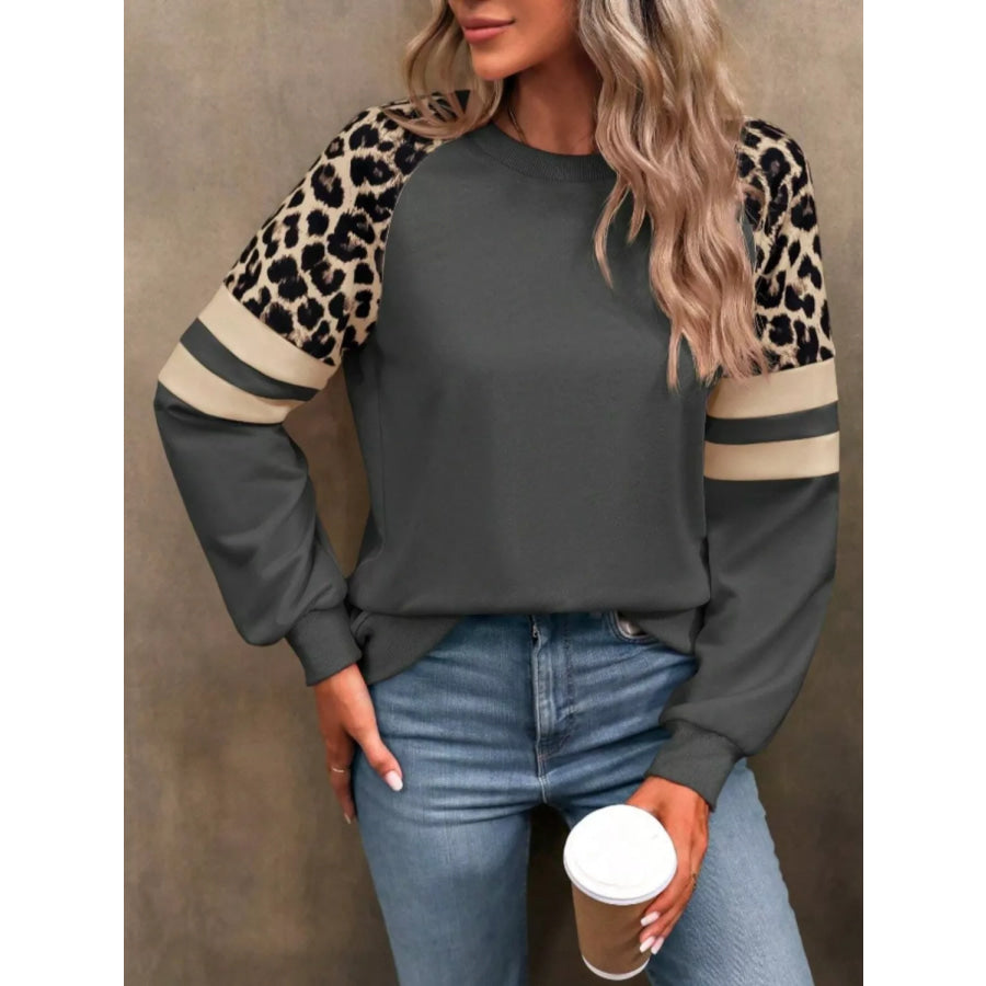 Leopard Raglan Sleeve Striped Sweatshirt Apparel and Accessories