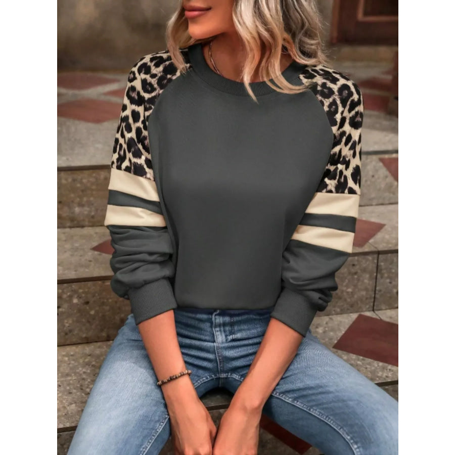 Leopard Raglan Sleeve Striped Sweatshirt Apparel and Accessories