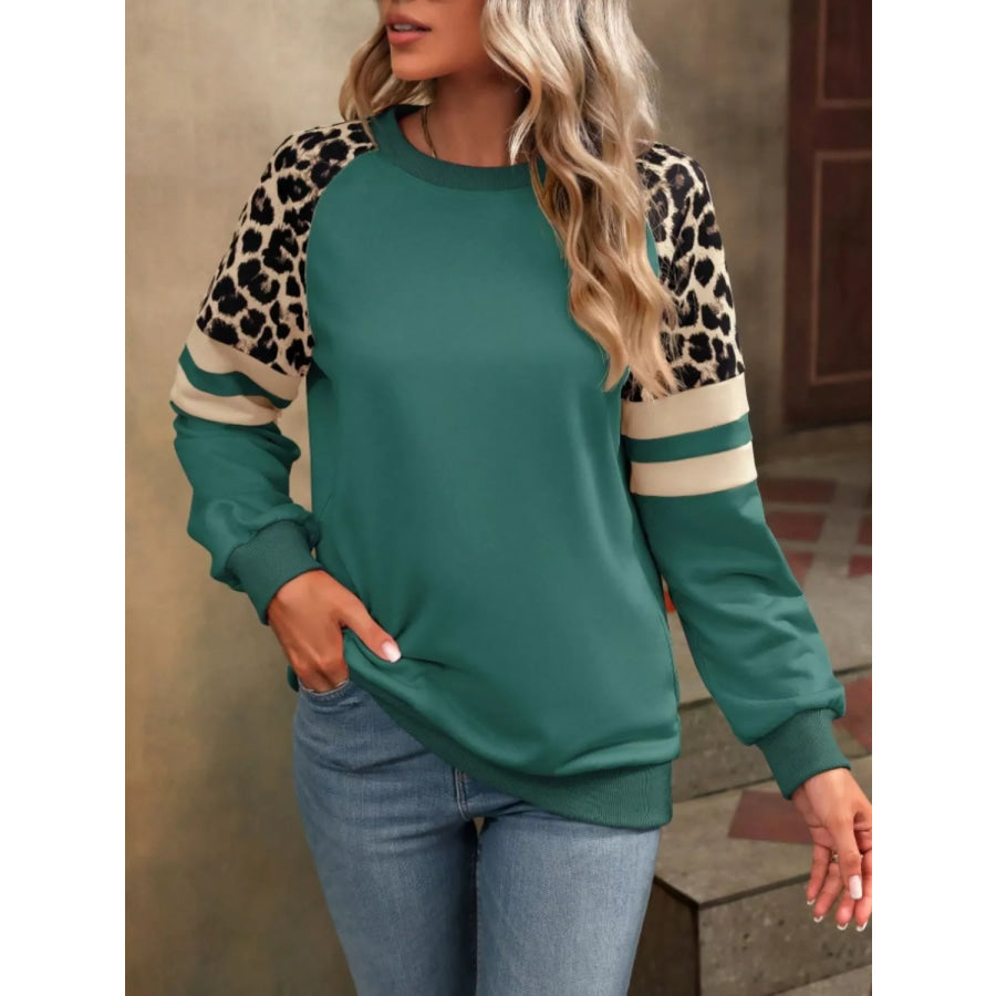 Leopard Raglan Sleeve Striped Sweatshirt Apparel and Accessories