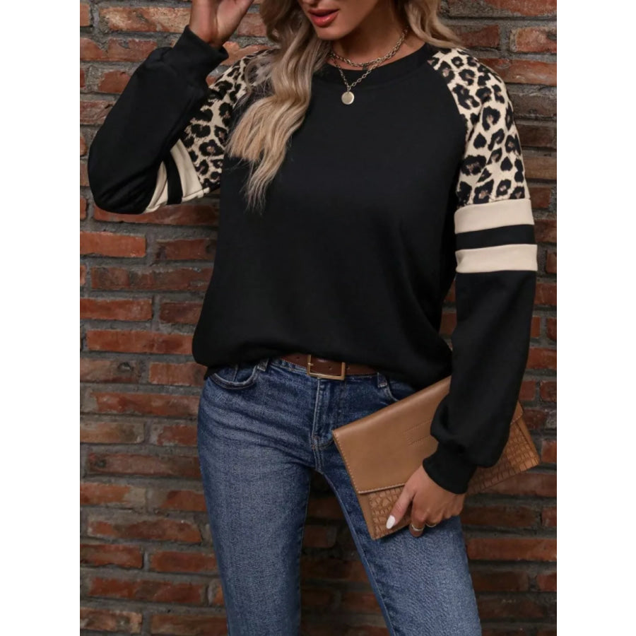 Leopard Raglan Sleeve Striped Sweatshirt Apparel and Accessories