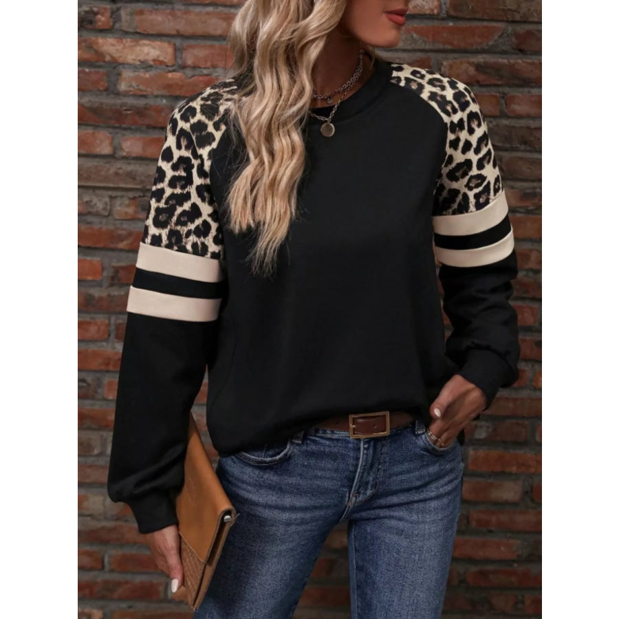 Leopard Raglan Sleeve Striped Sweatshirt Apparel and Accessories