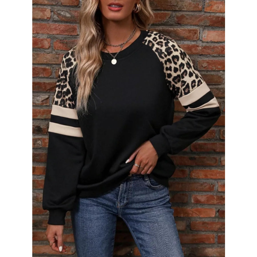 Leopard Raglan Sleeve Striped Sweatshirt Black / S Apparel and Accessories