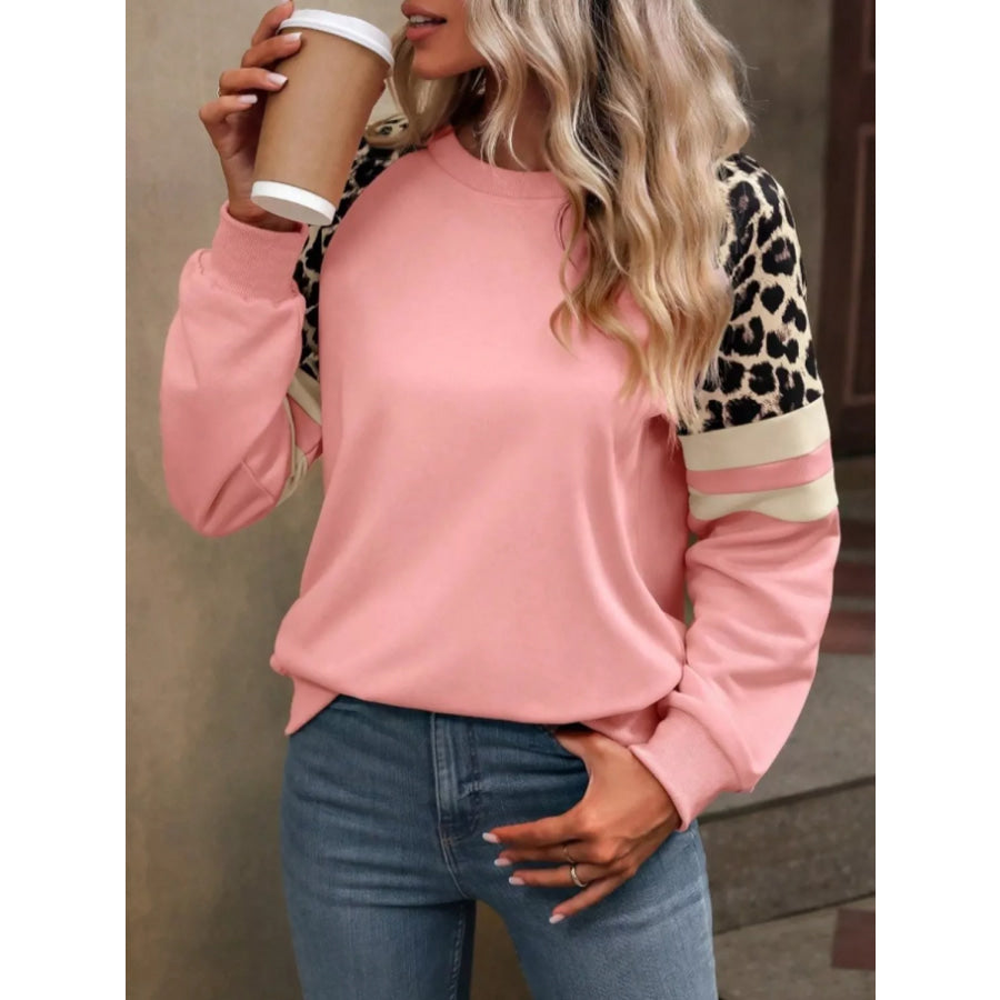 Leopard Raglan Sleeve Striped Sweatshirt Blush Pink / S Apparel and Accessories