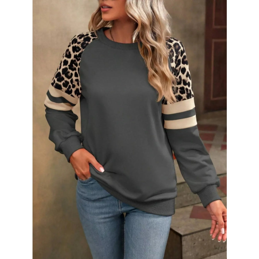 Leopard Raglan Sleeve Striped Sweatshirt Dark Gray / S Apparel and Accessories