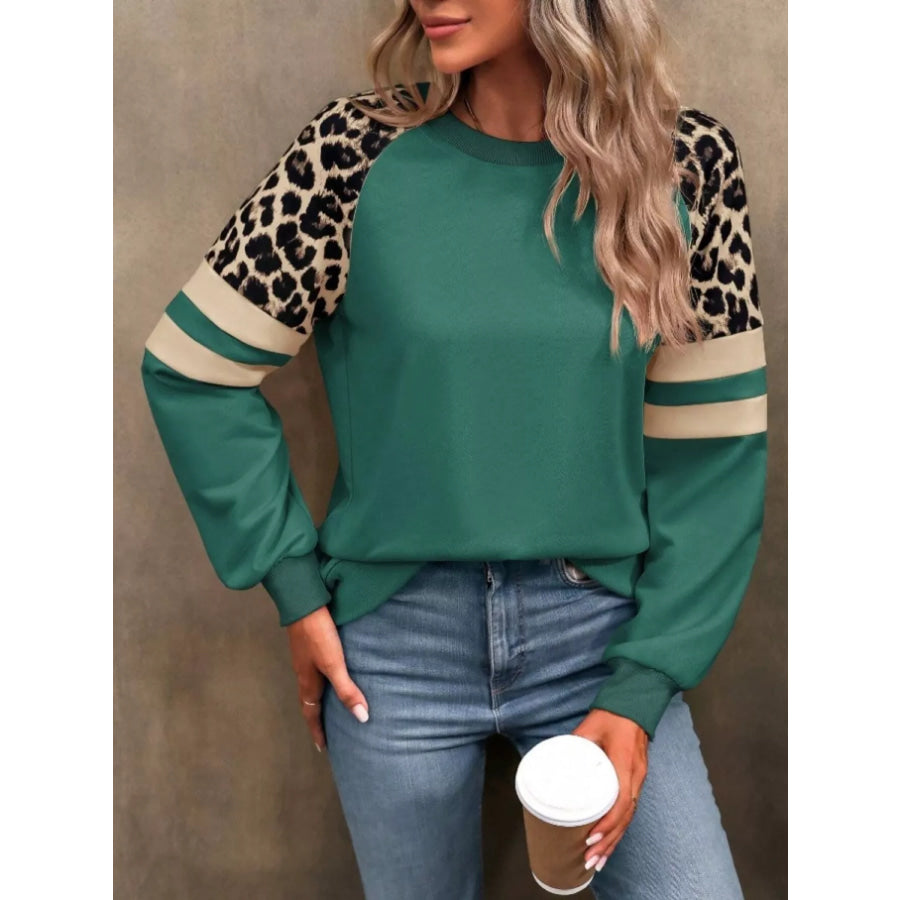 Leopard Raglan Sleeve Striped Sweatshirt Deep Teal / S Apparel and Accessories