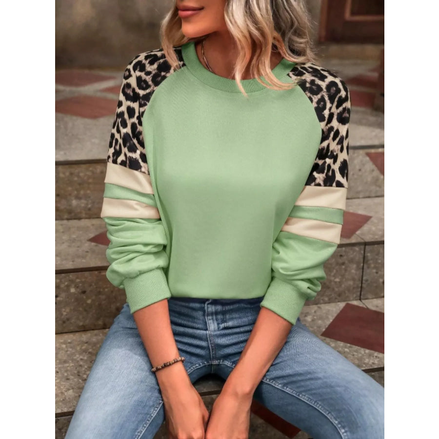 Leopard Raglan Sleeve Striped Sweatshirt Gum Leaf / S Apparel and Accessories