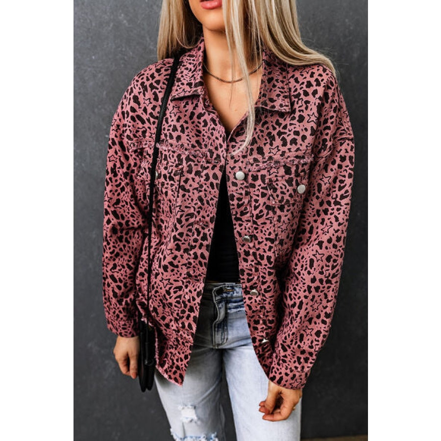 Leopard Raw Hem Button Up Denim Jacket Clothing