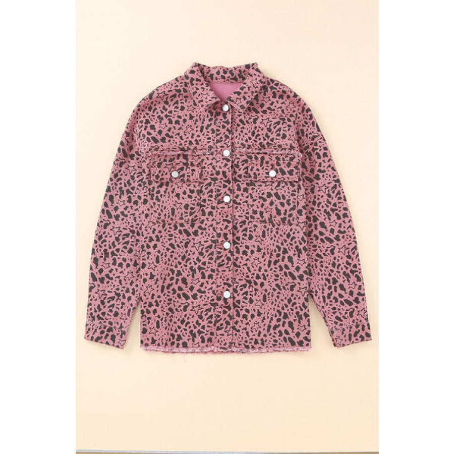 Leopard Raw Hem Button Up Denim Jacket Clothing