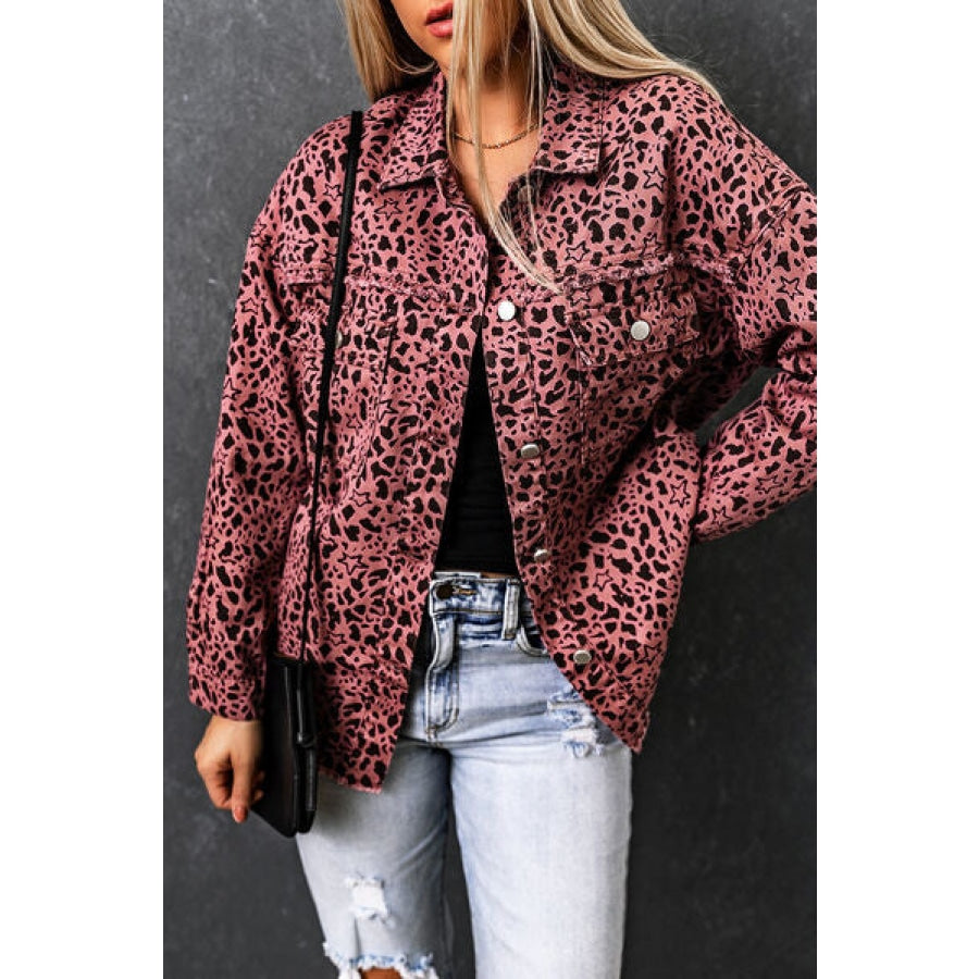 Leopard Raw Hem Button Up Denim Jacket Clothing