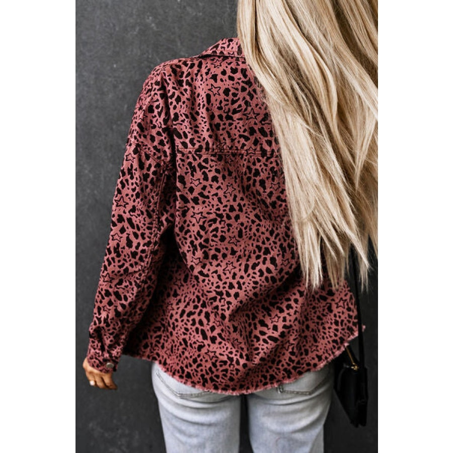 Leopard Raw Hem Button Up Denim Jacket Clothing