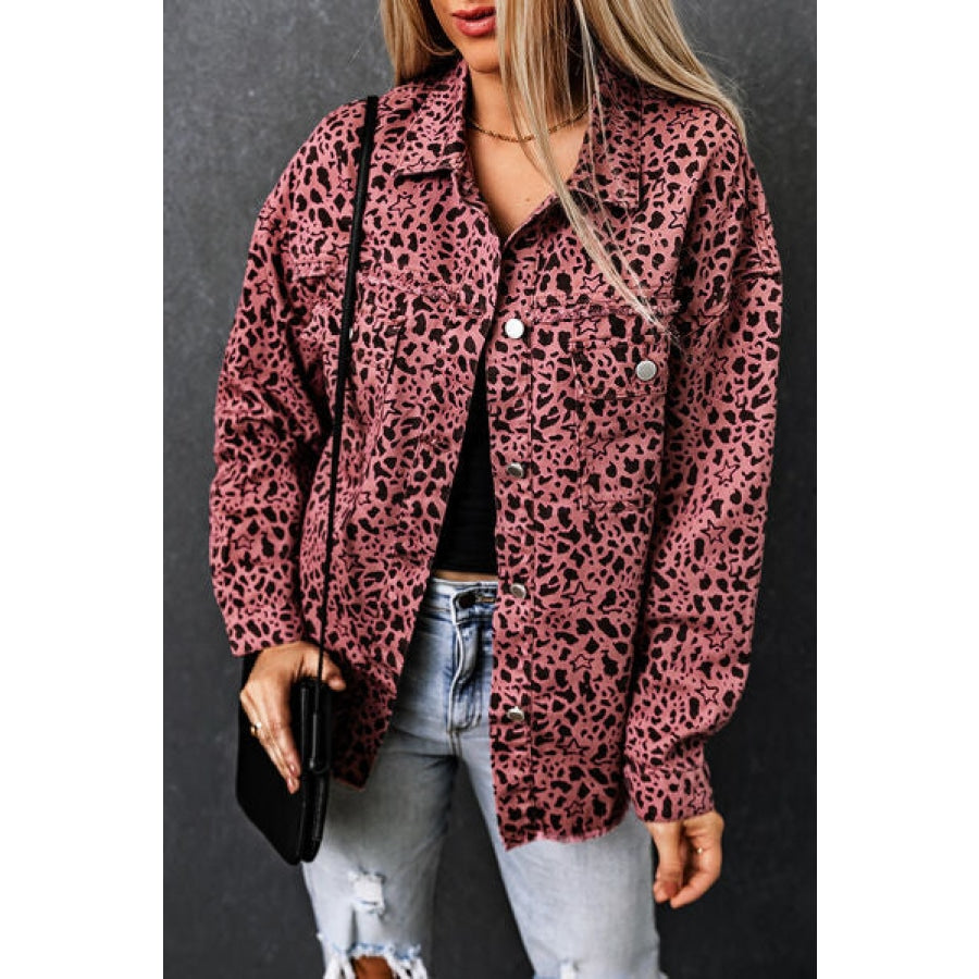 Leopard Raw Hem Button Up Denim Jacket Moonlit Mauve / S Clothing