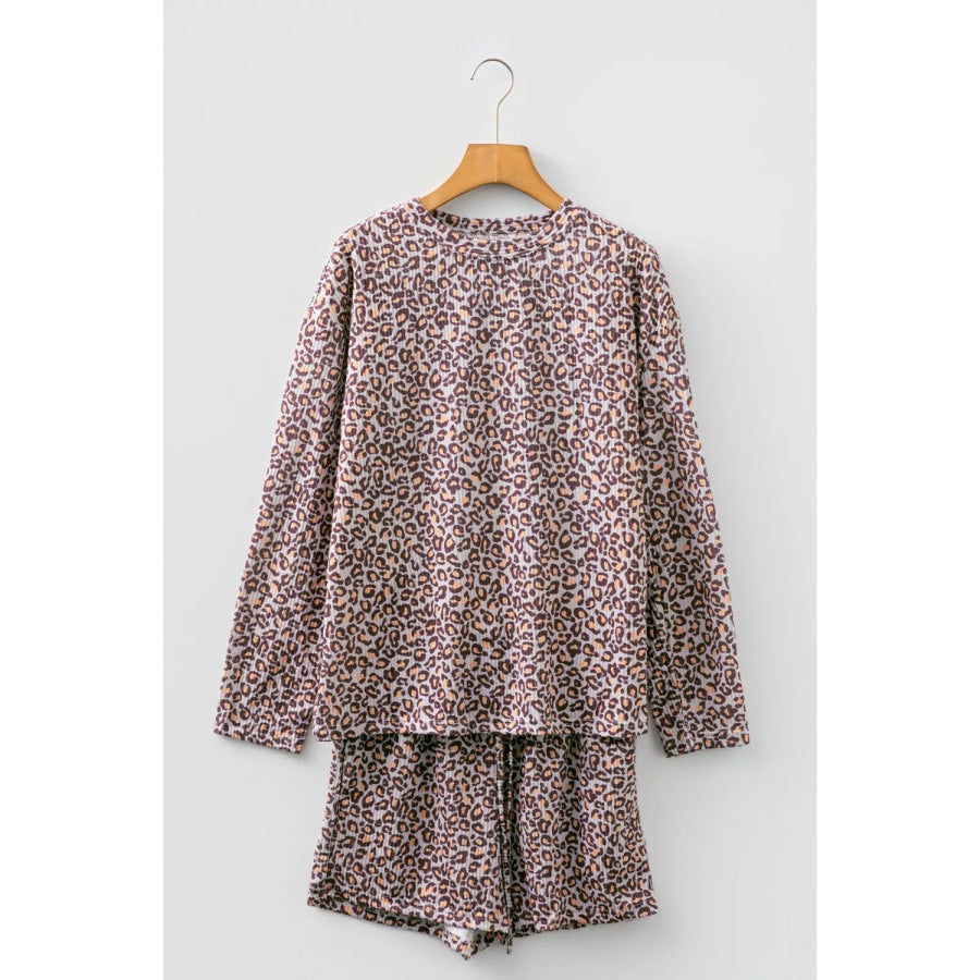 Leopard Ribbed Long Sleeve Top Drawstring Shorts 2pcs Outfit Apparel and Accessories