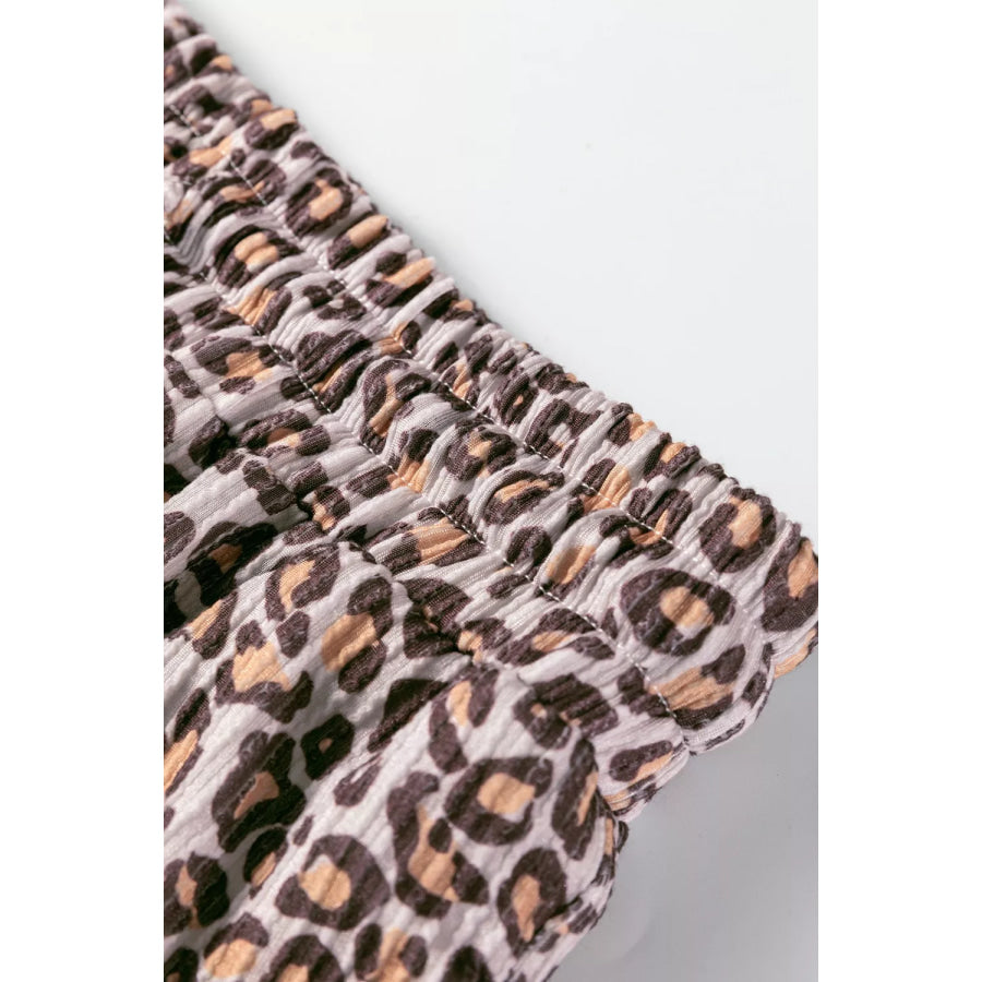 Leopard Ribbed Long Sleeve Top Drawstring Shorts 2pcs Outfit Apparel and Accessories